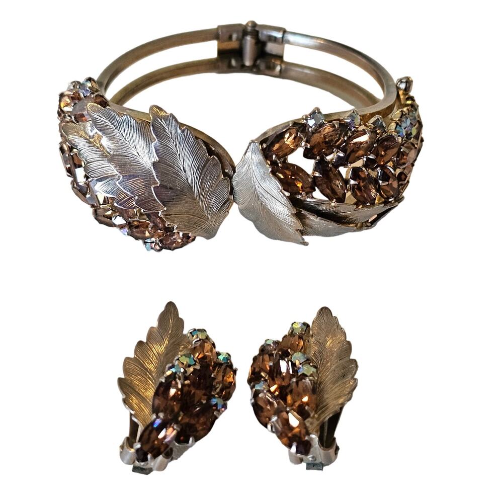 Vintage Cola Rhinestone Clamper Leaf Bracelet with Matching Earrings